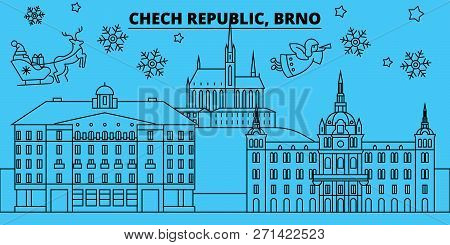 Czech Republic, Brno Winter Holidays Skyline. Merry Christmas, Happy New Year Decorated Banner With 