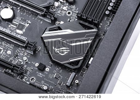 Uzhgorod, Ukraine - October 24, 2018: Box Of Motherboard Asus Rog Crosshair Vii Hero On White Backgr