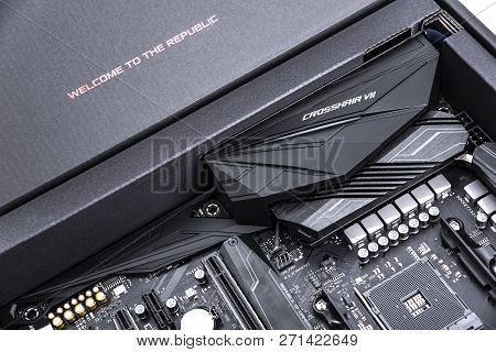 Uzhgorod, Ukraine - October 24, 2018: Box Of Motherboard Asus Rog Crosshair Vii Hero On White Backgr