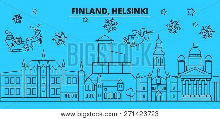 Finland, Helsinki Winter Holidays Skyline. Merry Christmas, Happy New Year Decorated Banner With San