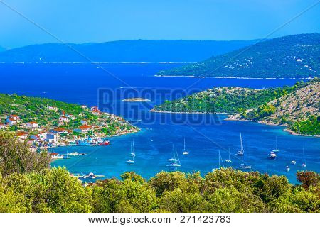 Scenic View At Amazing Blue Vinisce Bay In Dalmatia Region, Croatia Mediterranean.