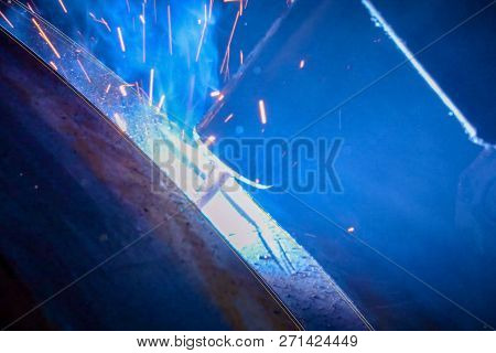 Pipe Welding. Welding Works. Sparks Of Welding