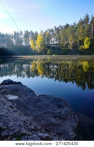 Korostyshevsky Quarry, Zhytomyr Region, Ukraine. Beautiful Landscape With Forest Reflection In Water