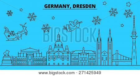 Germany, Dresden Winter Holidays Skyline. Merry Christmas, Happy New Year Decorated Banner With Sant