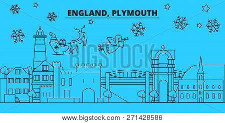 Great Britain, Plymouth Winter Holidays Skyline. Merry Christmas, Happy New Year Decorated Banner Wi