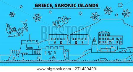 Greece, Saronic Islands Winter Holidays Skyline. Merry Christmas, Happy New Year Decorated Banner Wi
