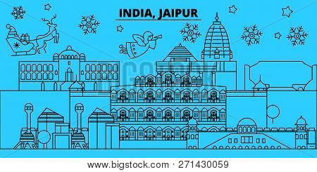 India, Jaipur Winter Holidays Skyline. Merry Christmas, Happy New Year Decorated Banner With Santa C