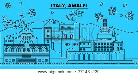 Italy, Amalfi Winter Holidays Skyline. Merry Christmas, Happy New Year Decorated Banner With Santa C
