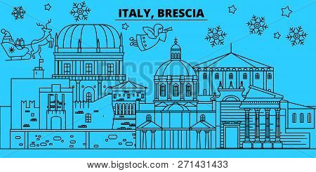 Italy, Brescia Winter Holidays Skyline. Merry Christmas, Happy New Year Decorated Banner With Santa 