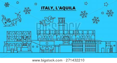 Italy, Laquila Winter Holidays Skyline. Merry Christmas, Happy New Year Decorated Banner With Santa 