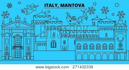 Italy, Mantova Winter Holidays Skyline. Merry Christmas, Happy New Year Decorated Banner With Santa 