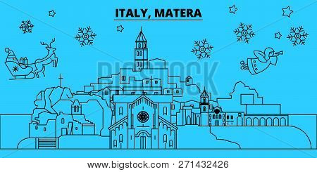 Italy, Matera Winter Holidays Skyline. Merry Christmas, Happy New Year Decorated Banner With Santa C
