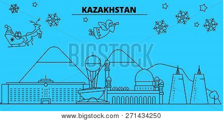 Kazakhstan, Alma-ata, Astana Winter Holidays Skyline. Merry Christmas, Happy New Year Decorated Bann