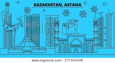 Kazakhstan, Astana Winter Holidays Skyline. Merry Christmas, Happy New Year Decorated Banner With Sa
