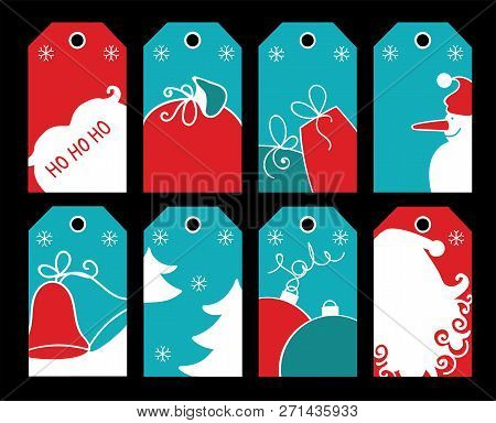 Christmas Tags. Set Of Simple Tricolor Pictures. Festive Christmas Design. Santa Silhouette.