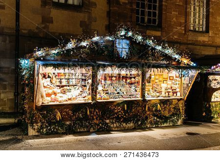 Strasbourg, France - Nov 29, 2017: Christmas Market Stall Selling Multiple Leather Products, Bags, B
