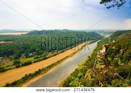 View From Old Bastei Bridge Down On River Elbe In Saxony,germany