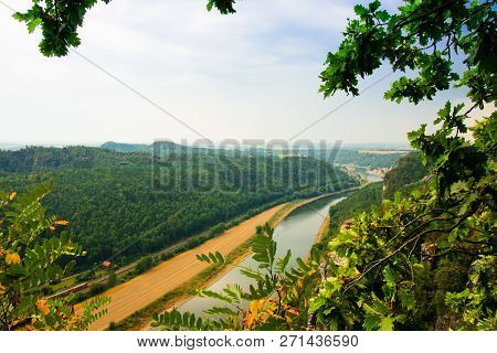 View From Old Bastei Bridge Down On River Elbe In Saxony,germany