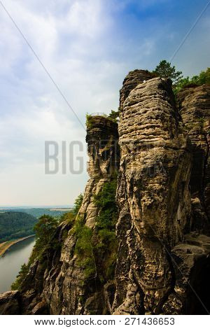 View From Old Bastei Bridge Down On River Elbe In Saxony,germany