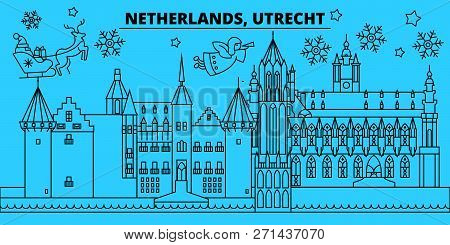Netherlands, Utrecht Winter Holidays Skyline. Merry Christmas, Happy New Year Decorated Banner With 
