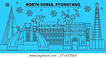 North Korea, Pyongyang Winter Holidays Skyline. Merry Christmas, Happy New Year Decorated Banner Wit