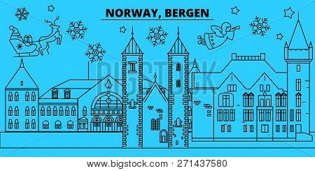 Norway, Bergen Winter Holidays Skyline. Merry Christmas, Happy New Year Decorated Banner With Santa 