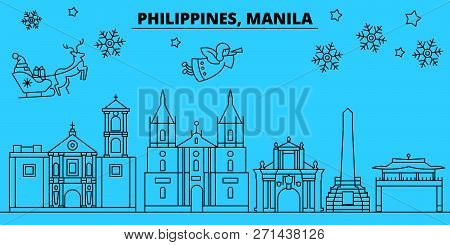 Philippines, Manila Winter Holidays Skyline. Merry Christmas, Happy New Year Decorated Banner With S