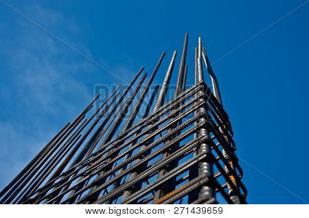 Brand New Armature. Reinforcements Steel Bars Stack. Close Up Steel Construction Armature.