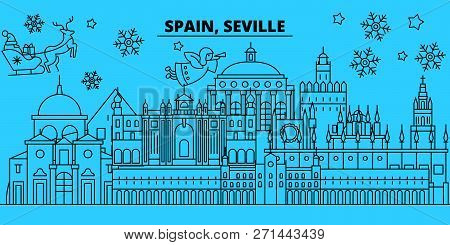 Spain, Seville Winter Holidays Skyline. Merry Christmas, Happy New Year Decorated Banner With Santa 