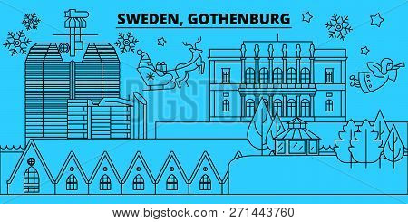 Sweden, Gothenburg Winter Holidays Skyline. Merry Christmas, Happy New Year Decorated Banner With Sa