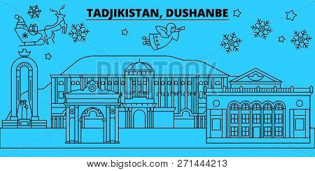 Tajikistan, Dushanbe Winter Holidays Skyline. Merry Christmas, Happy New Year Decorated Banner With 