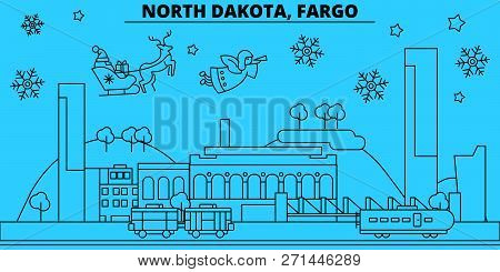 United States, Fargo Winter Holidays Skyline. Merry Christmas, Happy New Year Decorated Banner With 