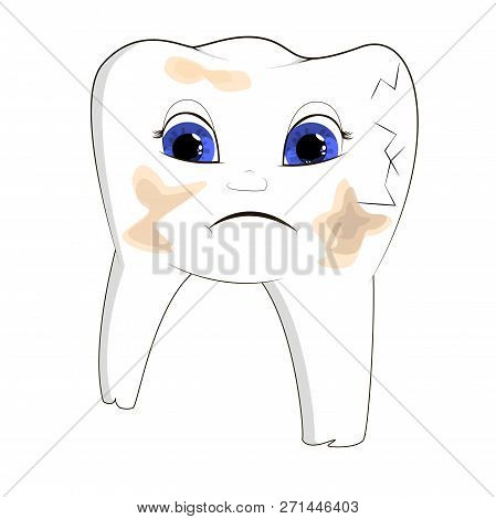 Vector Illustration Of A Sick, Split, Dirty Tooth, Cartoon Object, With Expression On Face Disorder
