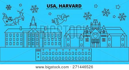 United States, Harvard Winter Holidays Skyline. Merry Christmas, Happy New Year Decorated Banner Wit