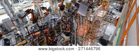 Welding Of Car Body. Automotive Production Line. Long Format. Wide Frame