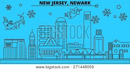 United States, Newark Winter Holidays Skyline. Merry Christmas, Happy New Year Decorated Banner With