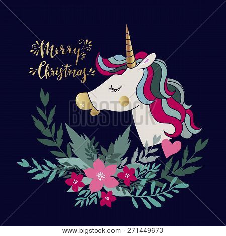Merry Christmas. Hand Drawn Christmas  Card With Unicorn. Holiday Art Background. Unique Hand Drawn 