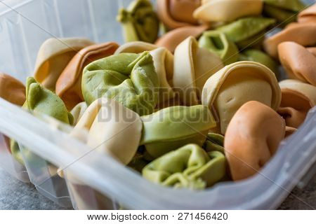 Colored Raw Pasta Tortellini In Plastic Box Multicolor / Colorful Or Tri Colored.