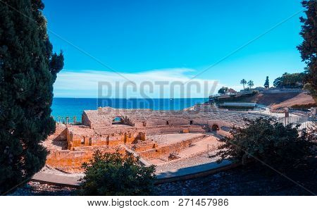 Roman Amphitheatre In Tarragona, Costa Dorada, Catalonia, Spain, Teal And Orange View.