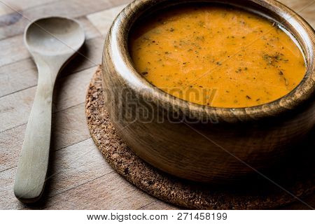 Turkish Lepe Soup In A Wooden Bowl.
