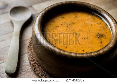 Turkish Lepe Soup In A Wooden Bowl.