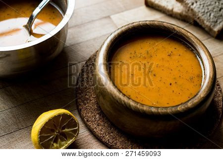 Turkish Lepe Soup In A Wooden Bowl.