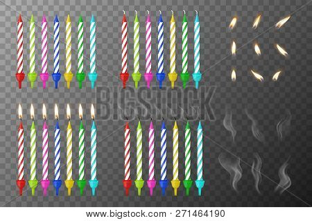 Vector 3d Realistic Different Birthday Party Colofful Wax Paraffin Whole, Burning And Extinguished C