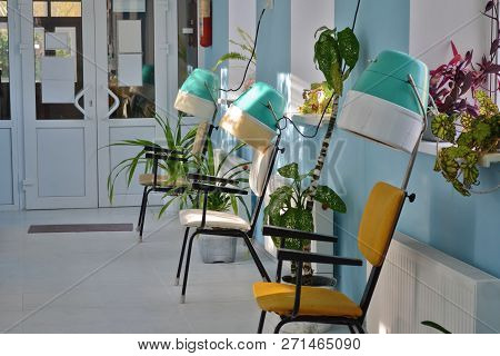 Vintage Hair Dryers In The Room Of The Pool In Sunlight