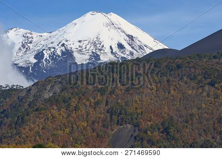 Snow Capped Peak Of Volcano Llaima (3125 Meters) Rising Above The Lava Fields And Forests Of Conguil
