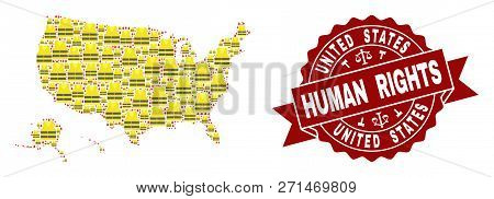 Human Rights Collage Of Yellow Vest Map Of Usa Territories And Stamp Template. Map Of Usa Territorie