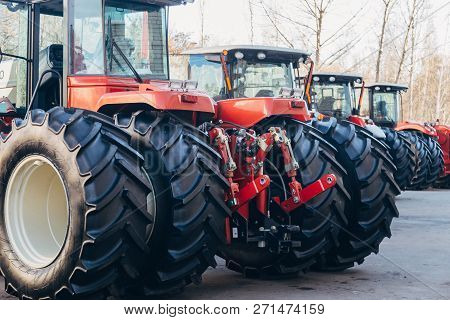 Rear View Of Modern Agricultural Tractor. Hydraulic Hitch. Lifting Frame. Rear Mechanism For Attachi