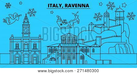 Italy, Ravenna Winter Holidays Skyline. Merry Christmas, Happy New Year Decorated Banner With Santa 