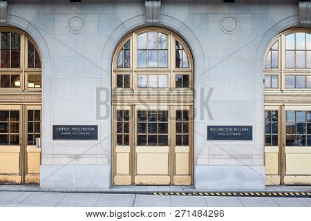 Ottawa, Canada - November 10, 2018: Entrance To The Wellington Building, The Administrative Building