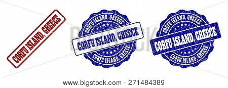 Corfu Island, Greece Scratched Stamp Seals In Red And Blue Colors. Vector Corfu Island, Greece Label